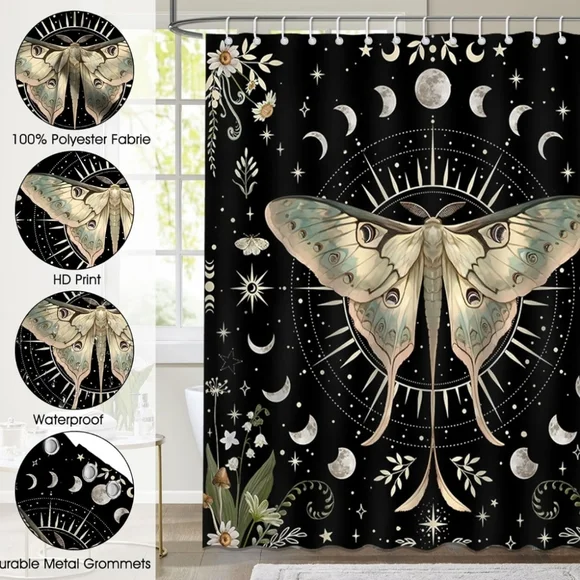 Mystical Moth Shower Curtain - Black and Cream - Picture 3 of 4